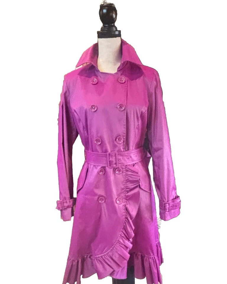 👠🧥🩷💜 Samuel Dong Iridescent Pink Purple Long Sleeve Ruffled Trench Coat Sz L - Image 3 of 4