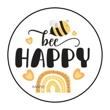30 BEE BE HAPPY STICKERS ENVELOPE SEALS LABELS 1.5" ROUND RAINBOW HEARTS