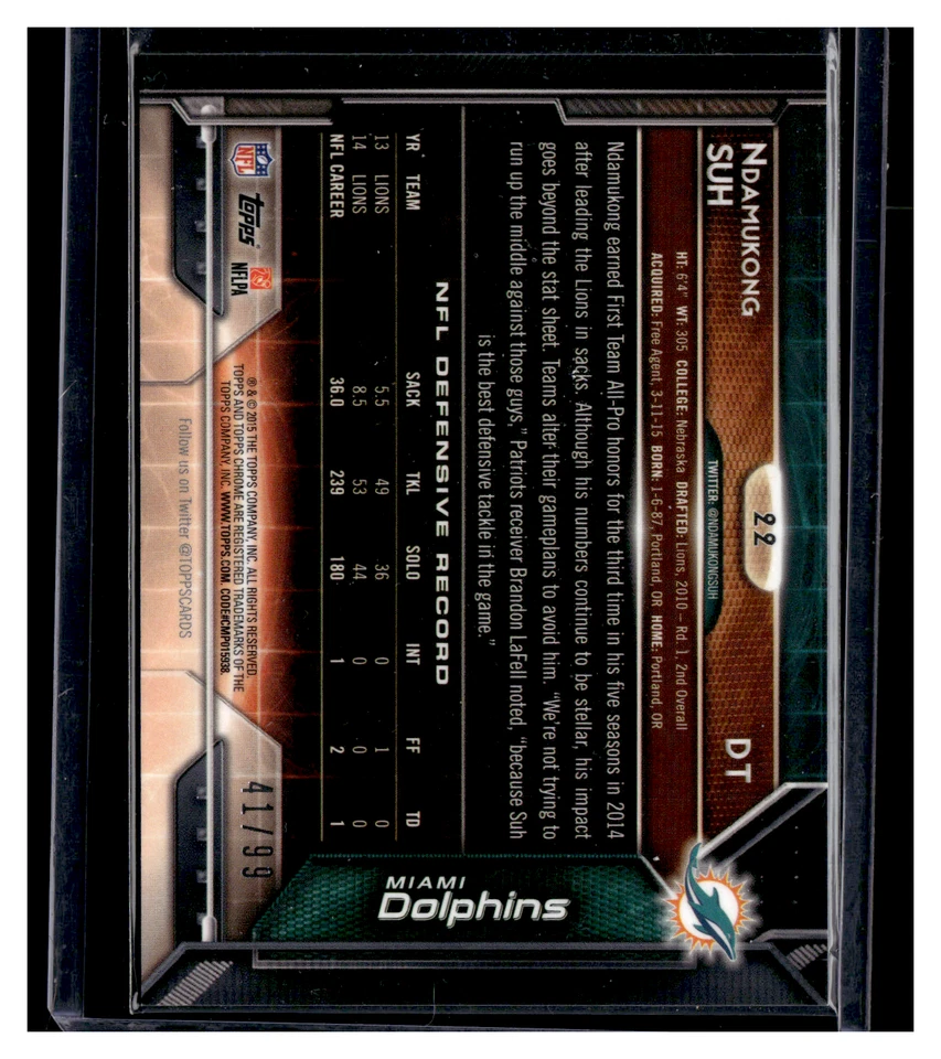 2015 Topps Chrome #22 Ndamukong Suh Sepia Refractor - Image 2 of 2