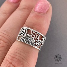 Sterling Silver 925 Sunflower Wide Band Ring, US Seller