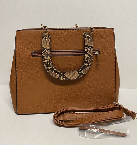 Snakeskin Accented Faux Brown Leather Handbag Purse - Picture 2 of 9