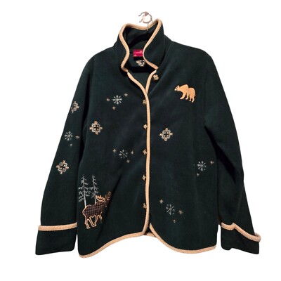 Vtg Northcrest Womens Fleece Jacket 1X 14W 16W Green Hong Kong Embroidery Cabin 