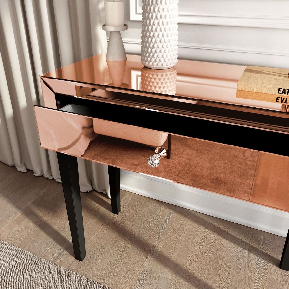 Rose Gold Mirrored Dressing Table 1 Drawer Dresser Desk Vanity Mirrored  Finish | eBay