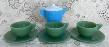 Akro Agate Child  s Green Teacup  Saucer Sets  Blue Pitcher White Lid Vtg