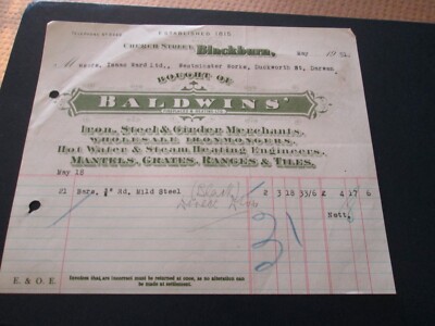 Baldwins, Church Street, Blackburn (Großhandel Eisenhändler) 1951 Kopf Quittung