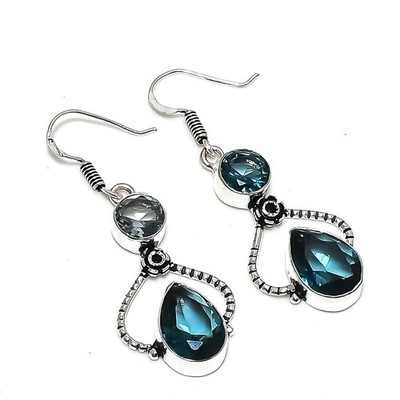 London Blautopas Edelstein handgefertigt 925 Sterlingsilber Schmuck Ohrring...