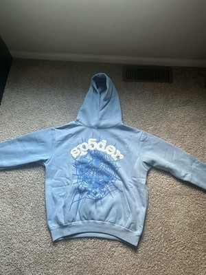Sp5der Light Blue Graphic Hoodie Sweatshirt Stylish Pullover Casual Streetwear