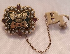 1925 PHI MU Sorority Pin 14K Gold w/Seed Pearls/Rubies/Chapt-Guard-FREE SHIPPING