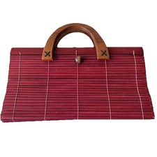 Bamboo Handbag Vintage Retro Slat Bag Maroon Wooden Handle Button Closure Women