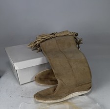 Vintage Leather Fringe Moccasin Boots Tall Tan Slouch Mid Calf Boho Womens Sz 7
