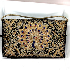 Zari Embroidered Clutch Zardozi Peacock Purse Vintage Black Velvet Evening Bag