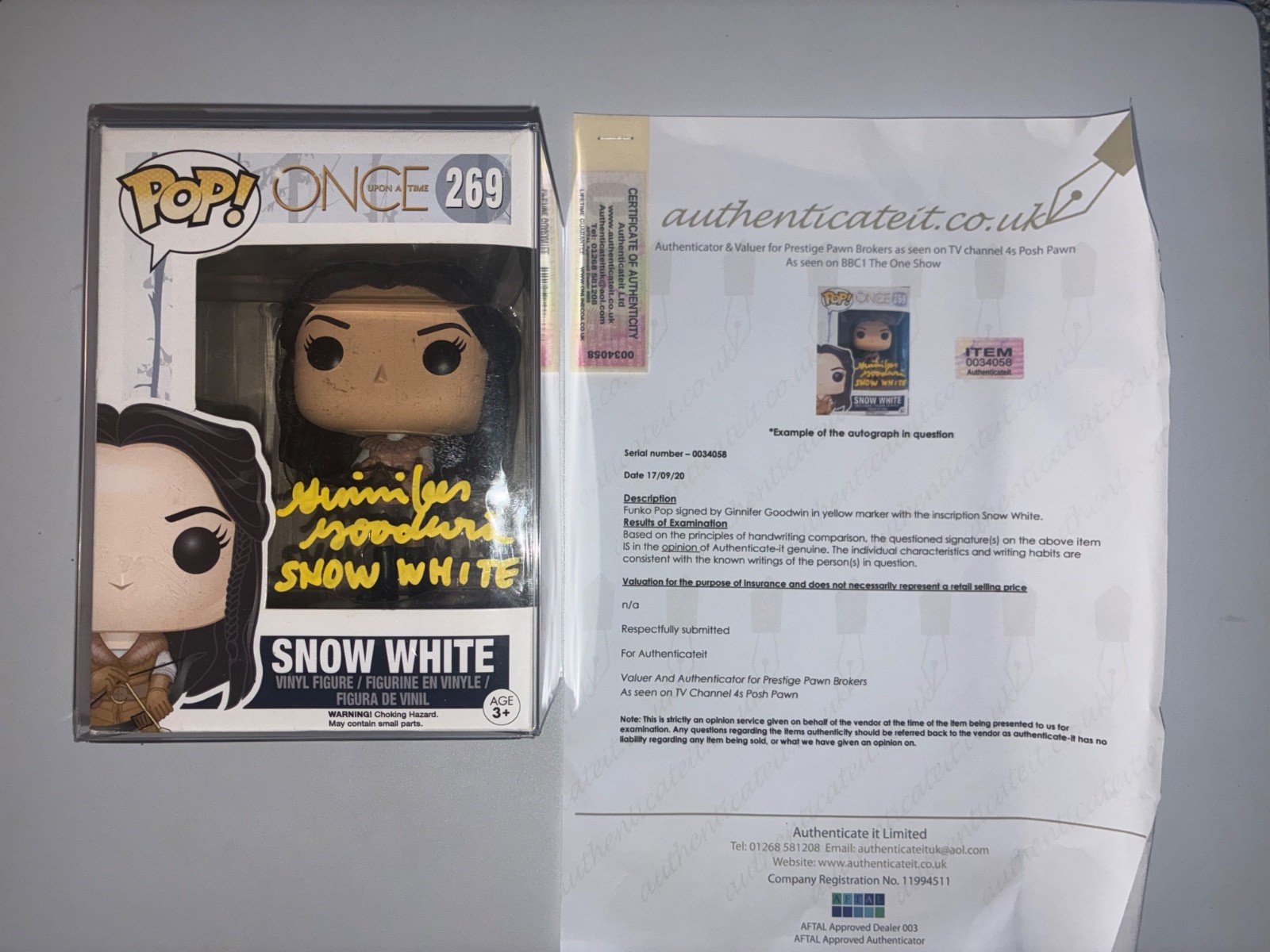 Figura firmada autografiada genuina Funko Pop Blancanieves #269 Once Upon a Time certificado de autenticidad