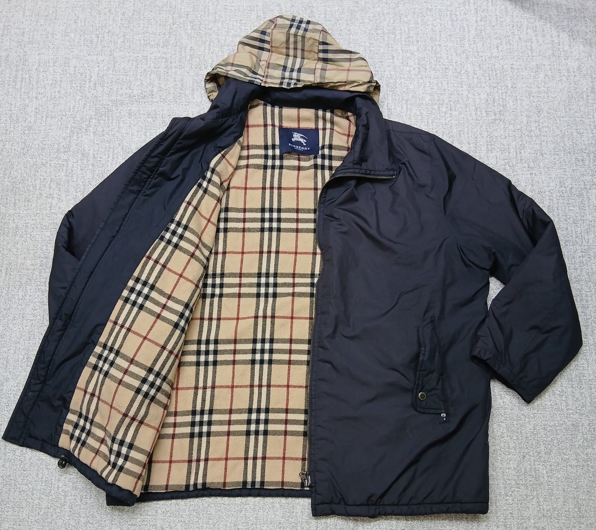Burberry London Hooded Winter Jacket Blue Nova Check Wool Lined