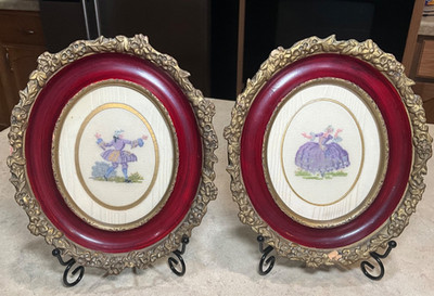 2x 19th Century VTG Framed Cross Stitch Venetian Dancing Lady & Gentleman  8 x7 