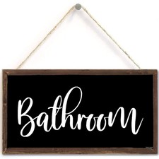Bathroom Sign Black 6x12 Inch Hanging Wall Art Decorative Wood Door Decor