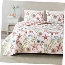 Coastal Quilt Bedding Set, Summer Coastal Quilt Full / Queen Seahorse  Shells