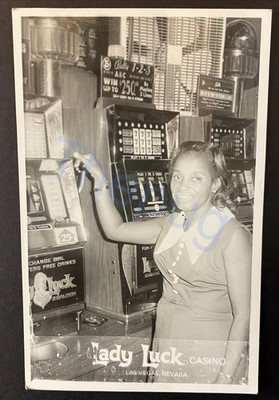 RPPC African American Woman at Lady Luck Casino Las Vegas Playing Slot Machines