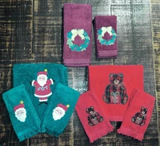 Vintage BATH & HAND TOWELS CHRISTMAS SANTA BEAR WREATH 8 Piece Set