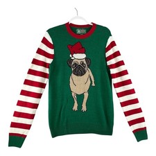 Ugly Christmas Sweater Pug Dog Santa Hat Striped Sleeve Green Red Small Unisex