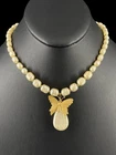 Miriam Haskell Bead Necklace Pearl Baroque Butterfly Gold Tone Choker 15.25"