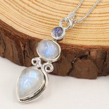 Rainbow Moonstone Silver Pendent  Bohemian Handmade Necklace Gift For Her AD004