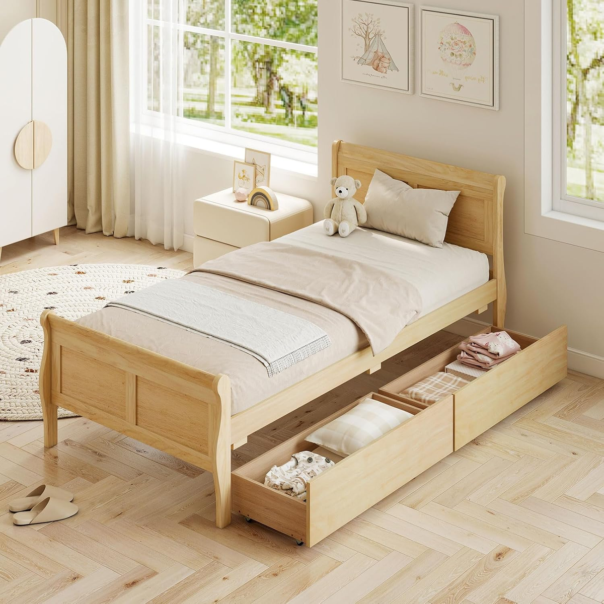 Twin Size Bed Frame with 2 Storage Drawers, Wood Platform Bed with