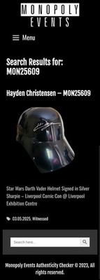 Hayden Christensen signierter Black Series Darth Vader Helm Monopoly Events Echtheitszertifikat 