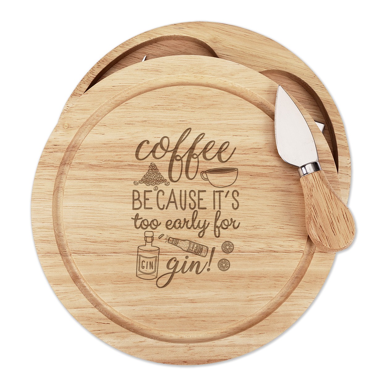 Coffee Because It's Too Early For Gin Cheese Board Knife Set Funny Drunk Joke