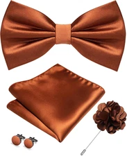 Solid Color Bow Tie and Pocket Square with Lapel Pin Cufflinks Set 4PCS