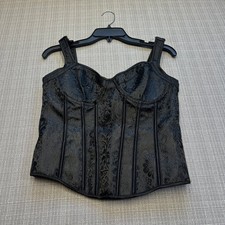 Black Corset Top Lace Up Back Boned Bustier Jacquard Gothic Clubwear XL