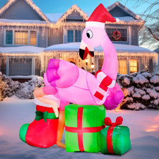 6 FT Christmas Flamingo with Gift Box Inflatable Decorations with Build-In Leds