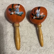 Vintage FOLK ART Gourd MARACAS INSTRUMENTS, Wood Handles and HAND PAINT