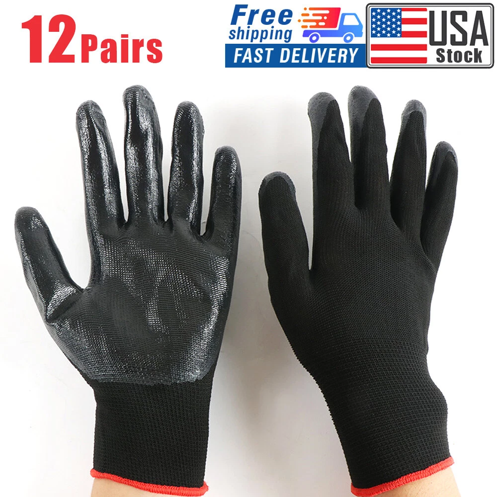 USA 12 Pairs Work Gloves Black Ultra-Thin Safety Polyurethane Coated Nylon  Shell