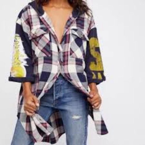 Free People Maddox Patched Plaid Tunic Oversized Varsity Shirt Size Small - Picture 2 of 13