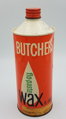 Vintage Butcher's flo-paste liquid Wax Quart Graphics Full Metal Can
