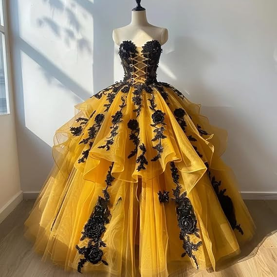 Yellow Black And Gold Lace Prom Dress Gothic Yellow Wedding