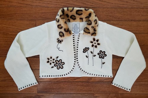 Girls 6 Cropped Cardigan/Shrug Cheetah Collar Open Front Flower Applique preown - Picture 4 of 11