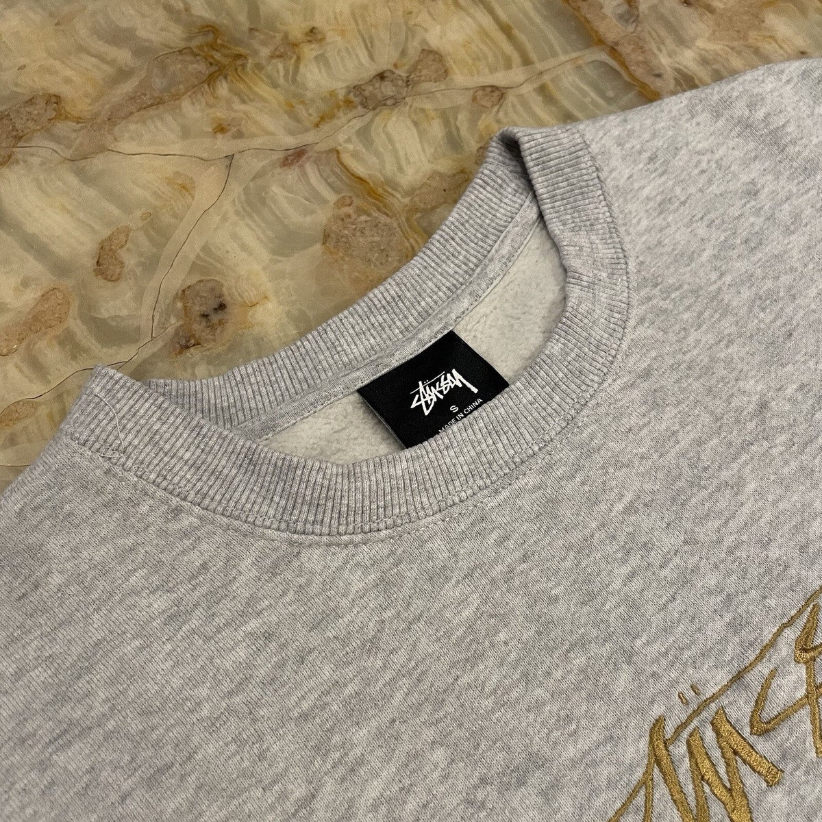 Mens Stussy Heather Gray / Gold Embroidered Crewneck Mens Stussy Heather Gray / Gold Embroidered Crewneck