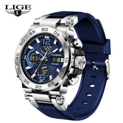 LIGE Luxe Montre Homme Quartz éclairer Date Sport 5ATM étanche Silicone bracelet