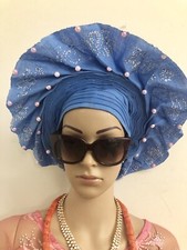 Aso-Oke Auto Gele, African Headgear, Auto Gele, Blue Auto Gele, Head Wrap