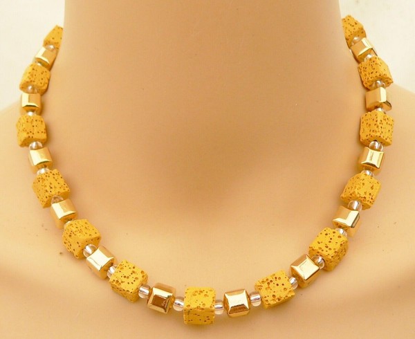 Halskette WüRfelkette WüRfel Cube Lava Curry Senf Gelb HäMatit Glanz Gold 113A-image