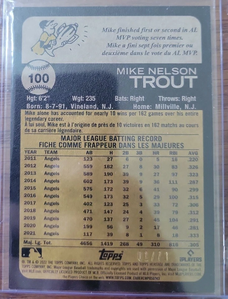 🔥2022 TOPPS HERITAGE MIKE TROUT🔥 FRENCH TEXT VARIATION SSP #’d 01/73!! - Image 2 of 2