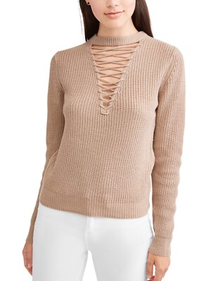 Poof! Juniors' Caged Lace-up Rib Knit Sweater, Tortilla, Large