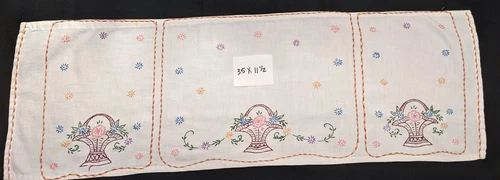 Vintage Flower Basket Embroidered Table Runner / Dresser Scarf 35x11.5