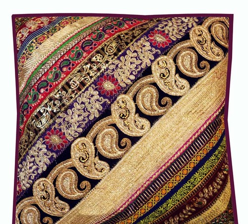 24" Handmade Patchwork Beaded Embroidered Throw Living Room Cushion Pillow Cover - Picture 3 of 8