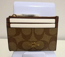 Coach kakiBrown Sig Logo Canvas Zip ID/Document Holder Card Case ID Window