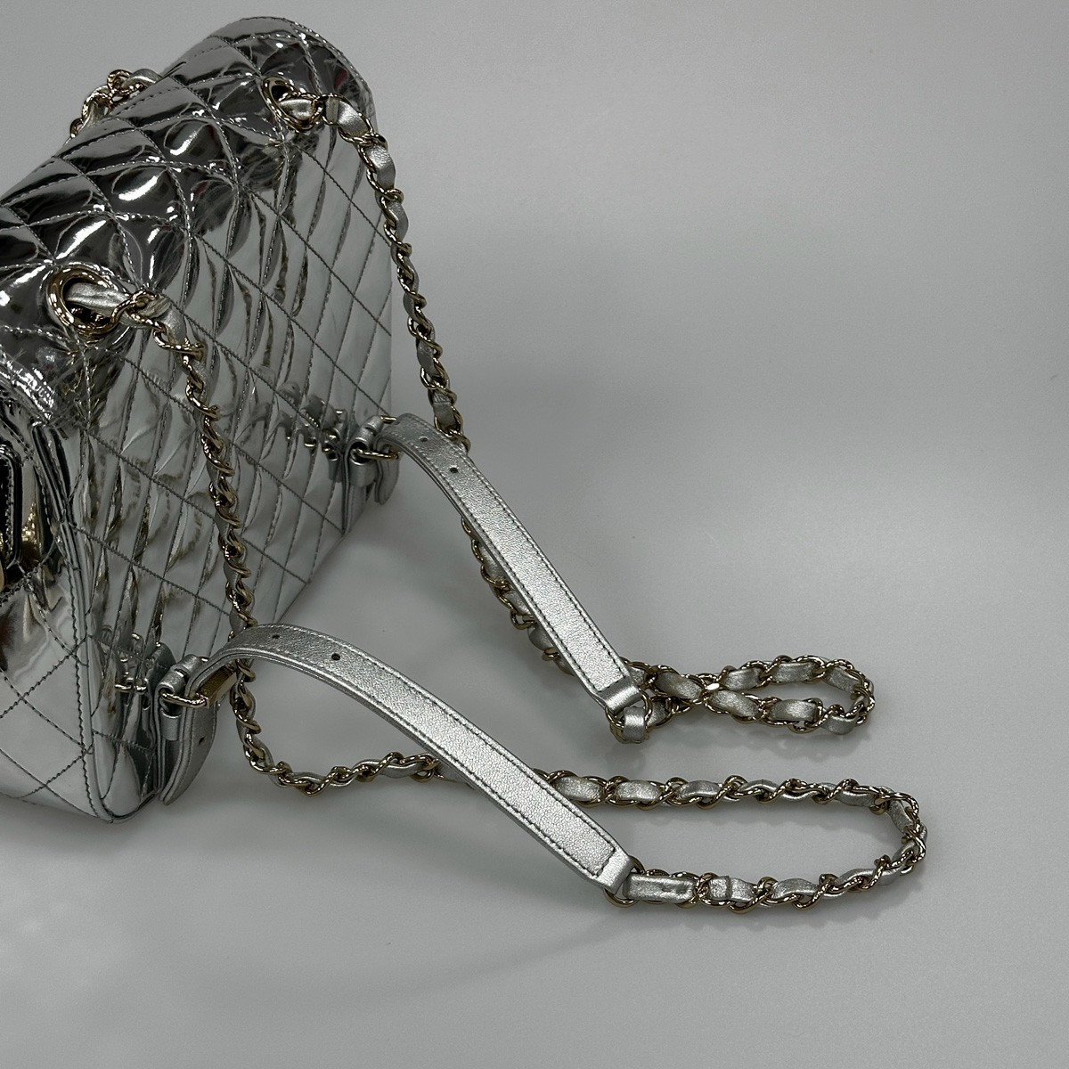Chanel Silver Metallic Patent Leather Star Backpack Chain Flap Bag