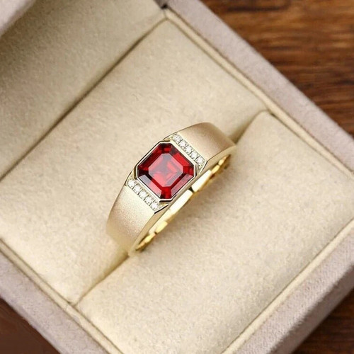 2.50Ct Asscher Simulated Ruby Men Wedding Pinky Band Ring 14k Yellow Gold Plated - Picture 2 of 5