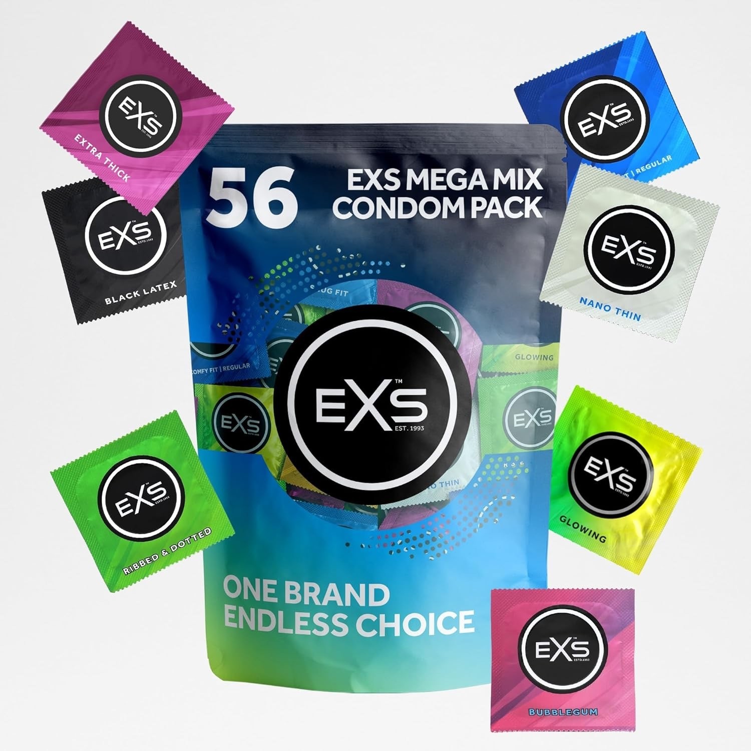 56 Exs Mega Pack Condoms  Nano Thin, Ribbed  Dotted Glow  Flavoured  Extra Thick