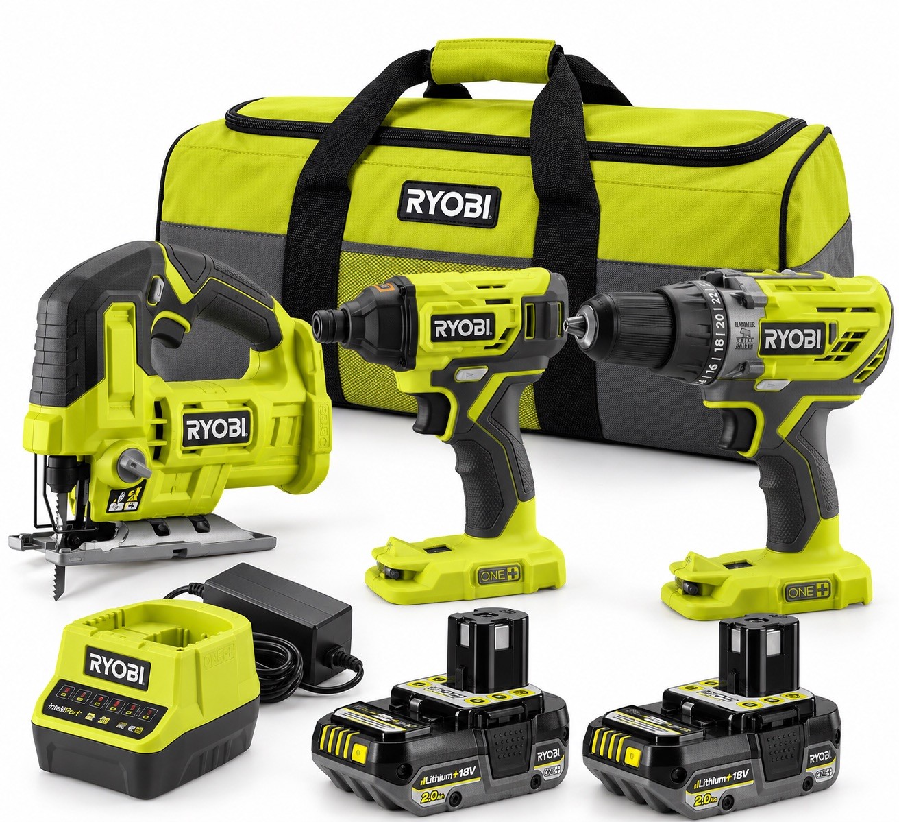 Ryobi ONE+ 18V Cordless Tool Kit 3 Tools 2 x 2.0Ah Batteries Charger & Bag